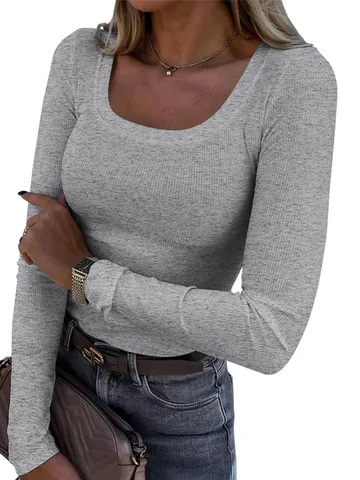 Women Elegant Ribbed Knit Slim Fit T-Shirt Square Neck Long Sleeve Top Basic Casual Solid Color Tee For Lady Fashion