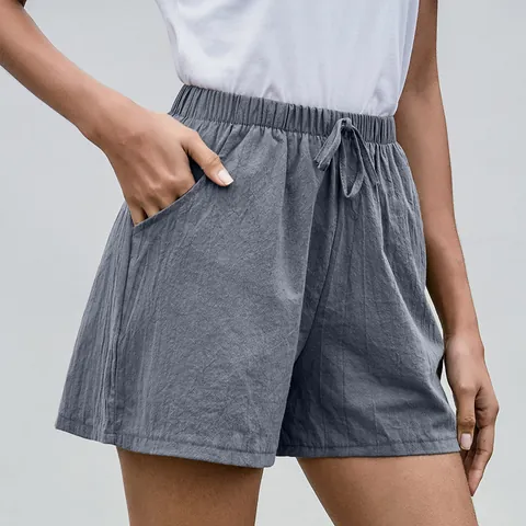 Pantalones Cortos de Algodón y Lino de Línea A para Mujer Verano Casual de Pierna Ancha de Cintura Alta con Cordón Pantalones Cortos de Moda con Bolsillos