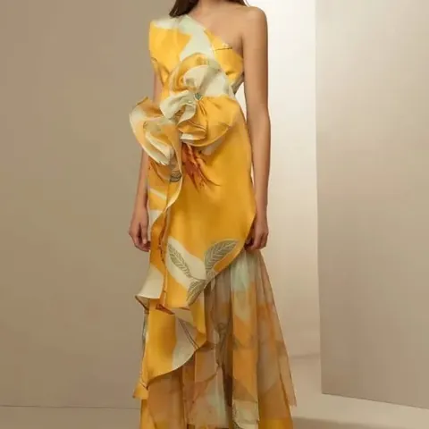 French Vintage One Shoulder Floral Print Maxi Dress For Women Elegant 3D Flower Decoration Layered Ruffle Asymmetrical Dress