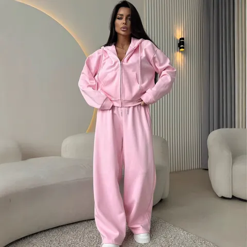 Women Casual Sportswear Set Long Sleeve Full Zip Hooded Sweatshirt And Wide Leg Pants Tracksuit Tracksuit Cotton Blend