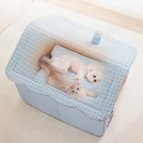 Halfgesloten Huisvormig Huisdierbed Voor Katten En Honden Afneembaar Wasbaar Winter Warm Pluche Huisdiernest Zacht Gevoerd Huis Met Geblokt Dak