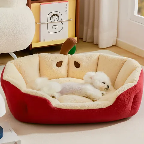 Creatief Appelvormig Huisdierbed Voor Kleine Honden En Katten Warm Pluche Zacht Fleece Nest Met Dikke PP Katoenen Vulling Winterhuis