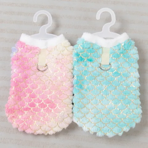 Gradient Mermaid Fish Scale Pet Hoodie With Harness D-Ring Winter Warm Velvet Lined Dog Sweatshirt For Small Dogs Cats