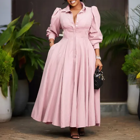 Elegante Vestido Maxi de Mujer con Cuello de Camisa Manga Larga Abullonada Cintura Alta Línea A Poliéster Color Sólido Ropa de Viaje