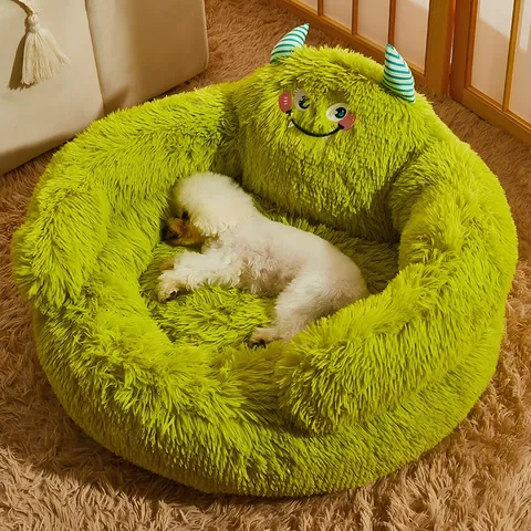 Monster Shape Semi-Enclosed Dog Bed Long Plush Warm Pet Sofa Bed Washable Safe Sleeping Mat For Small Medium Dogs Cats