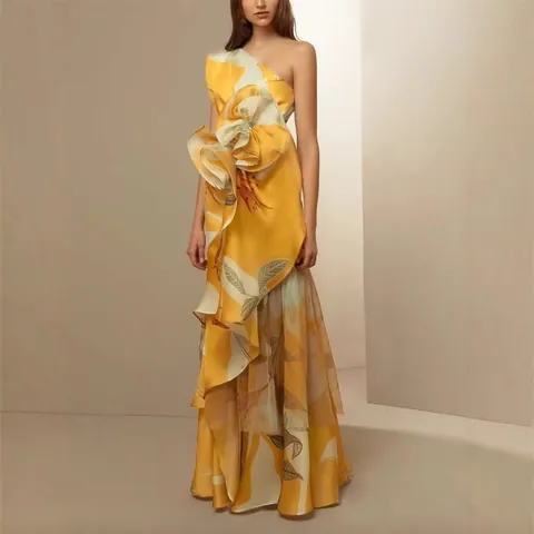 French Vintage One Shoulder Floral Print Maxi Dress For Women Elegant 3D Flower Decoration Layered Ruffle Asymmetrical Dress