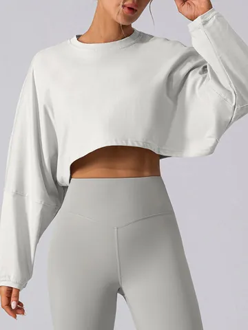 Women Cropped Sweatshirt Spandex Lycra Long Sleeve Crew Neck Loose Sporty Solid Color Yoga Running Gym Workout Top
