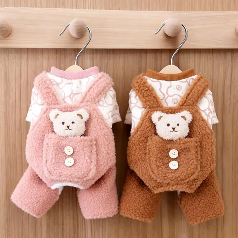 Winter Warm Pet Jumpsuit With Fleece Lining Bear Decoration Thick Dog Romper With Button Closure For Small Dogs And Cats