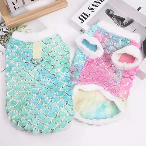 Gradient Mermaid Fish Scale Pet Hoodie With Harness D-Ring Winter Warm Velvet Lined Dog Sweatshirt For Small Dogs Cats