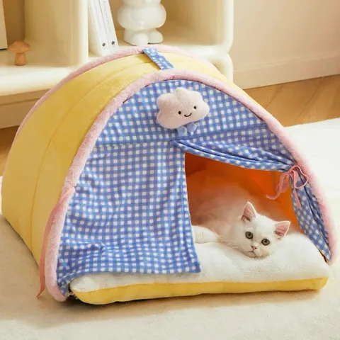 Halfgesloten Kattententbed Winterwarm Huisdierhuis voor Kleine Honden en Katten Met Zacht Gevoerd Kussen Geruit Huisdiernest