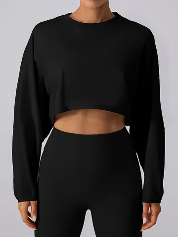 Women Cropped Sweatshirt Spandex Lycra Long Sleeve Crew Neck Loose Sporty Solid Color Yoga Running Gym Workout Top