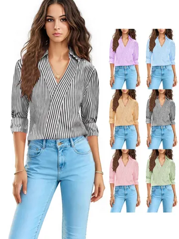 Elegant Striped 3/4 Sleeve V Neck Shirt For Women Summer Casual Loose Polyester Blouse Fashion Commuter Daily Top Clothes