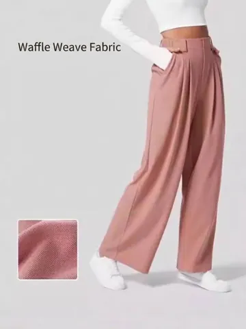 Damen High Waist Weites Bein Hose Casual Locker Drapierend Waffelgewebe Hose Einfarbig Pendler Elegant Bottoms