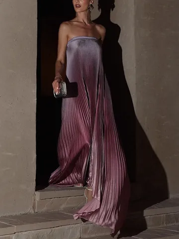 Sexy Women Gradient Pleated Maxi Dress Silk-Like Tube Top Sleeveless Plissé Banquet Party Dress Long Evening Gown