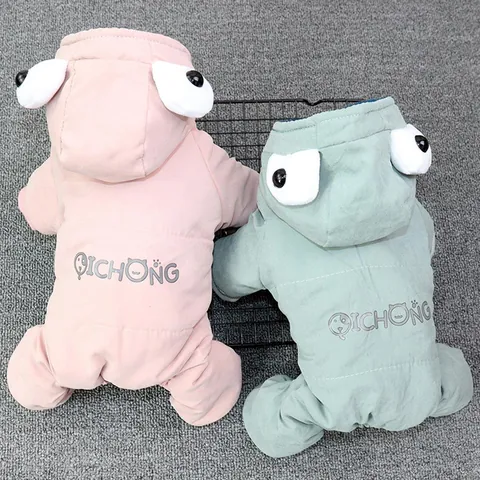 Dog Winter Jumpsuit Fleece Thickened Pet Clothes Jumpsuit Small Medium Dogs Warm Padded Jacket Coat With Frog Eyes Hood