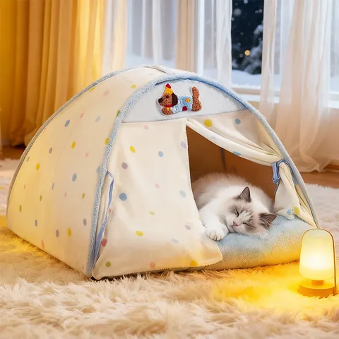Tente pour Animaux de Compagnie Nid de Chat Maison Semi-Fermée Villa Toutes Saisons Universel Lit pour Chien en Peluche Douce Avec Coussin Épais Fournitures pour Animaux