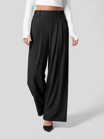 Damen High Waist Weites Bein Hose Casual Locker Drapierend Waffelgewebe Hose Einfarbig Pendler Elegant Bottoms