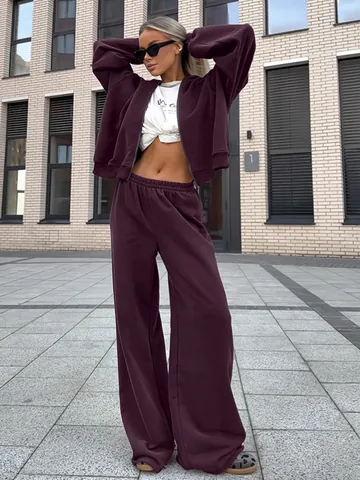Conjunto Top And Bottom de Mujer Streetwear Sudadera Con Capucha Morada y Pantalones de Chándal Sueltos Otoño Invierno