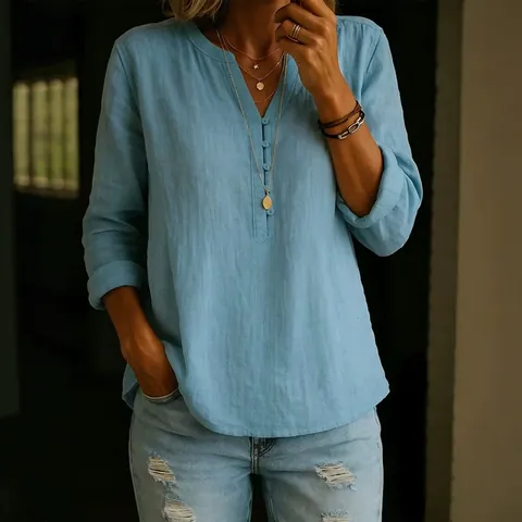 Women's Casual V-Neck Button Down Top Long Sleeve Linen-Look Polyester Shirt Solid Color Elegant Commuting Blouse For Ladies