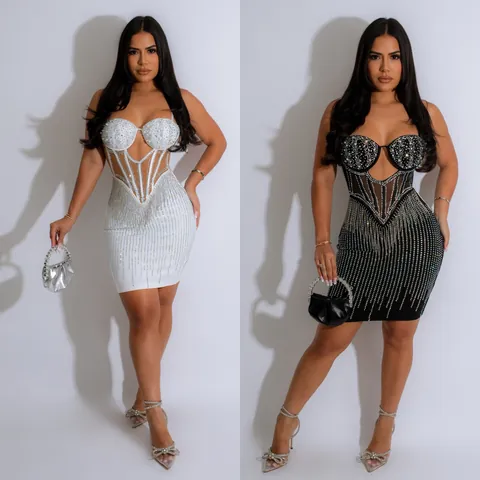 Women Sexy Rhinestone Pearl Hollow Out Bodycon Mini Dress Sleeveless Cami Party Polyester Slim Fit Summer Sling Dress K2883