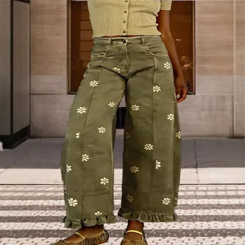 Women Vintage Daisy Floral Print Wide Leg Jeans Ruffle Hem Patchwork Polyester Pants Y2K Retro Loose High Waist Trousers