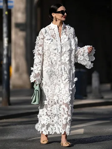 Robe Longue Maxi en Polyester Brodé pour Femmes Avec Fleurs 3D Ajouré Col Rond Manches Longues Robe de Mode Ample