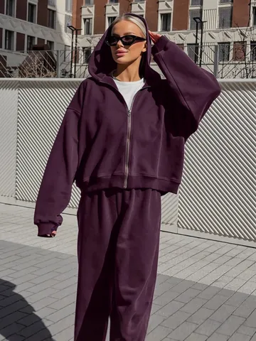 Tuta Sportiva da Donna Streetwear Viola Felpa Con Cappuccio e Pantaloni Top And Bottom Set Zip Intera Autunno Inverno