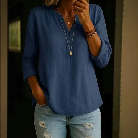 Women's Casual V-Neck Button Down Top Long Sleeve Linen-Look Polyester Shirt Solid Color Elegant Commuting Blouse For Ladies