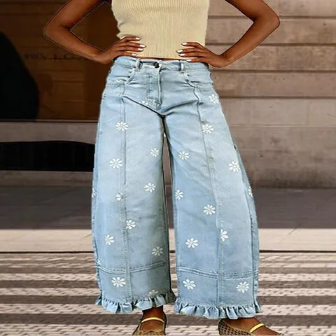 Women Vintage Daisy Floral Print Wide Leg Jeans Ruffle Hem Patchwork Polyester Pants Y2K Retro Loose High Waist Trousers