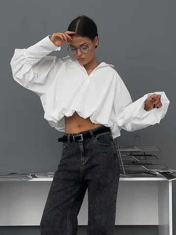 Dames Trendy Witte Lange Mouw Gedrapeerd Poloshirt Cropped Top Y2K Hot Girl Stijl Polyester Katoen Pullover Blouse