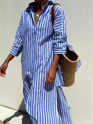 Women Striped Shirt Dress Lapel Button Down Half Sleeve Maxi Dress With Belt Casual Loose Slit Vacation Beach Holiday Long Dress
