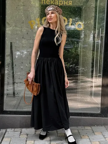 Retro Hepburn Style Black Maxi Dress Women Sleeveless Knit Patchwork Slim Waist Elegant Long Vest Dress Spring Clothing