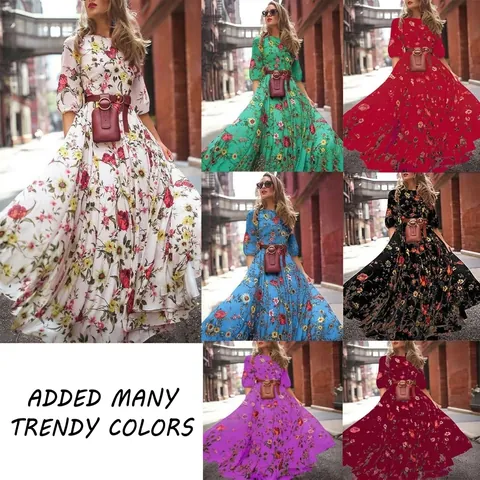 Damen Boho-Stil Blumenmuster Maxi-Kleid Polyester Rundhalsausschnitt Großer Schwung Urlaub Sommer Langes Kleid