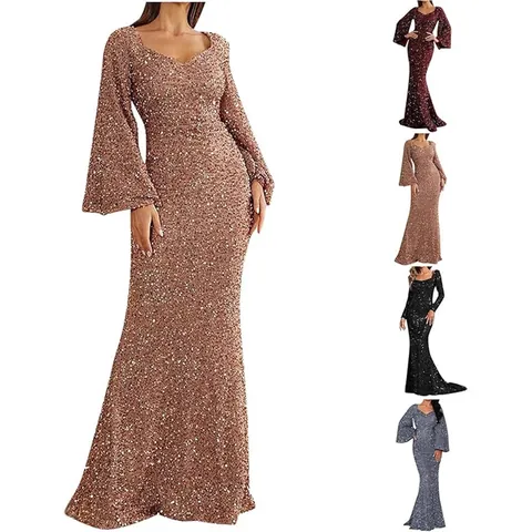 Damen Sexy V-Ausschnitt Pailletten Abendkleid Elegant Lang Glockenärmel Bodycon Party Gown Für Hochzeit Bankett Event