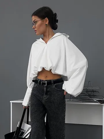 Dames Trendy Witte Lange Mouw Gedrapeerd Poloshirt Cropped Top Y2K Hot Girl Stijl Polyester Katoen Pullover Blouse