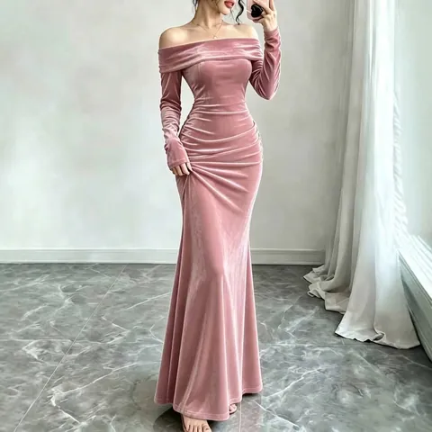 Elegant Velvet Off Shoulder Maxi Dress For Women Ruched Bodycon Long Sleeve Evening Banquet Party Sexy Slim Fit Dress