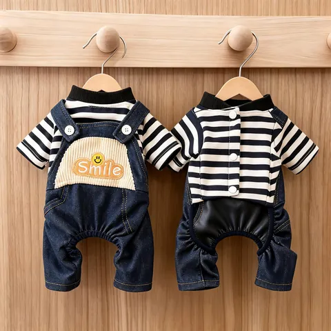 Fashionable Striped Denim Pet Overalls Dog Jumpsuit Puppy Faux Two-Piece Outwear Christmas Knitted Sweater For Small Dogs