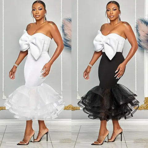 Women Sexy Strapless Bow Mesh Patchwork Fishtail Skirt Set Contrast Color Slim Fit Two Piece Set Polyester Tulle Suit