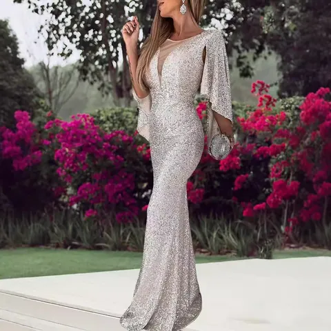 Elegante Vestido de Noche de Sirena con Lentejuelas Plateadas para Mujer Sexy Cuello en V Manga de Capa Vestido de Banquete Largo Vestido de Fiesta Formal