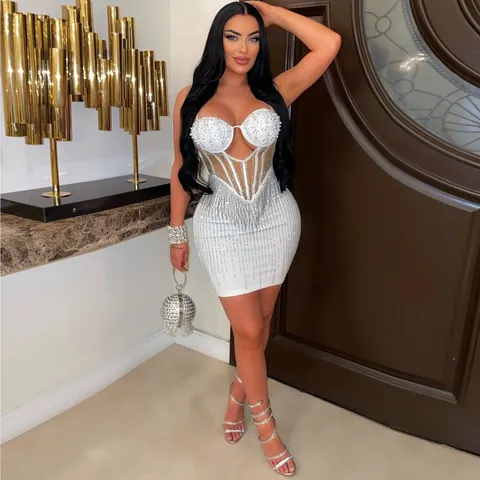 Women Sexy Rhinestone Pearl Hollow Out Bodycon Mini Dress Sleeveless Cami Party Polyester Slim Fit Summer Sling Dress K2883