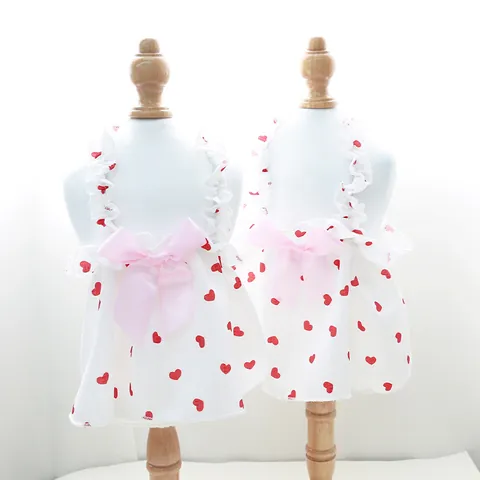Pet Summer Heart Print Sling Dress Small Medium Dogs Cats Princess Ruffle Bowknot White Red Heart Puppy Kitten Clothes