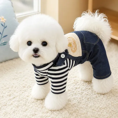 Fashionable Striped Denim Pet Overalls Dog Jumpsuit Puppy Faux Two-Piece Outwear Christmas Knitted Sweater For Small Dogs