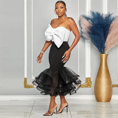 Women Sexy Strapless Bow Mesh Patchwork Fishtail Skirt Set Contrast Color Slim Fit Two Piece Set Polyester Tulle Suit