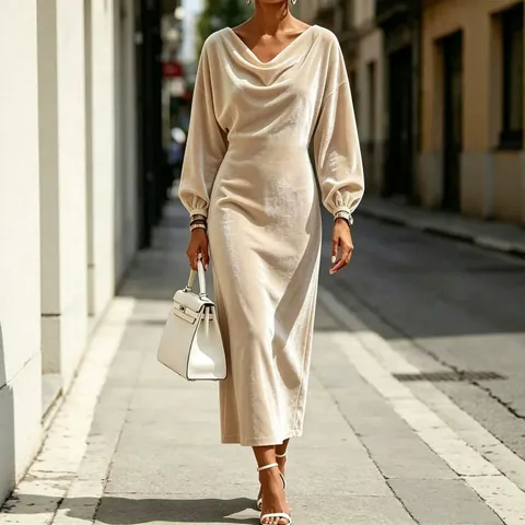 Vestido Largo de Terciopelo Elegante Con Cuello Hamaca y Manga Linterna Para Mujer Ajustado Color Sólido Banquete