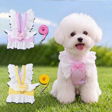 Arnés de Falda para Perro de Verano Delgado a Cuadros con Encaje y Alas de Ángel Chaleco y Correa para Perros Pequeños Ropa