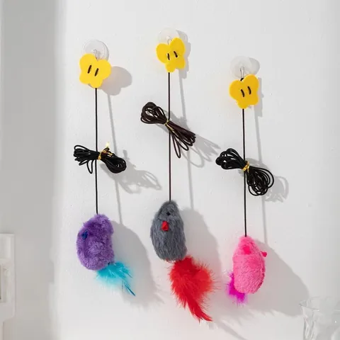 Giocattolo per Gatti a Forma di Topo Simulato Sospeso Con Piuma Interattivo in Peluche per Gatti da Interno Con Ventosa e Corda