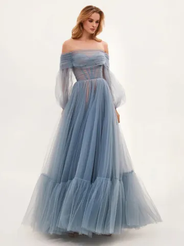 Women Off Shoulder Mesh Long Sleeve Wedding Dress Elegant Big Swing Ball Gown Corset Back Formal Party Maxi Dress Polyester