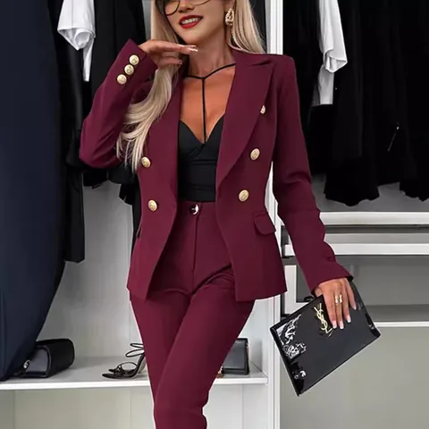 Women's Professional Blazer Suit Set Double-Breasted Gold Buttons Office Trousers Top And Bottom Elegant Business Outfit