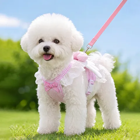 Arnés de Falda para Perro de Verano Delgado a Cuadros con Encaje y Alas de Ángel Chaleco y Correa para Perros Pequeños Ropa