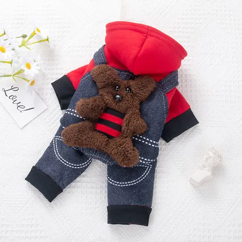 Abbigliamento Invernale per Cani Tuta a Quattro Zampe Ispessita Caldo Vestito con Cappuccio per Cani Piccoli Medi Teddy Bichon Rosso Denim Orso